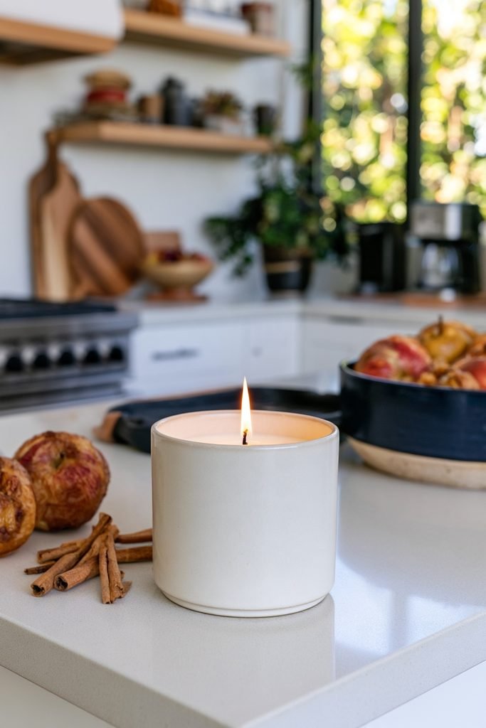 Thanksgiving kitchen counter styled with a fall-scented candle, apples, and subtle cinnamon accents.