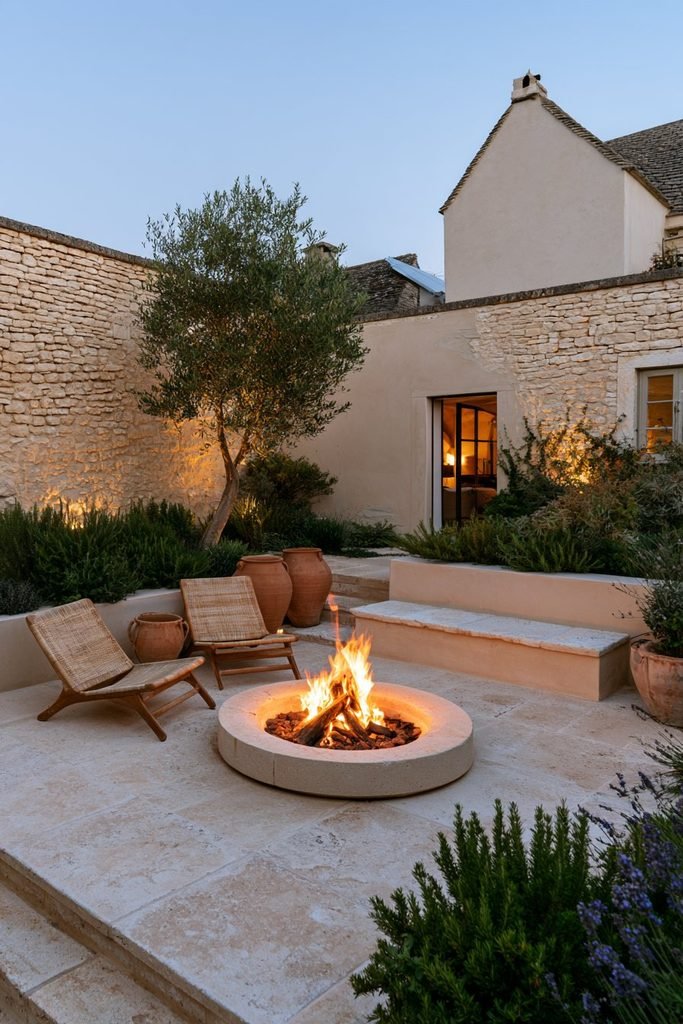 Modern country house courtyard with a fire bowl, outdoor seating, and garden plants