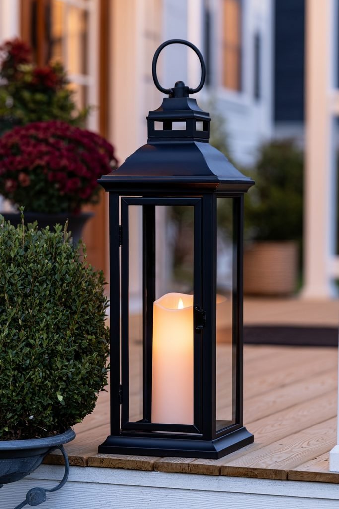 Outdoor porch lantern with a glowing flameless LED candle on a cozy fall evening porch