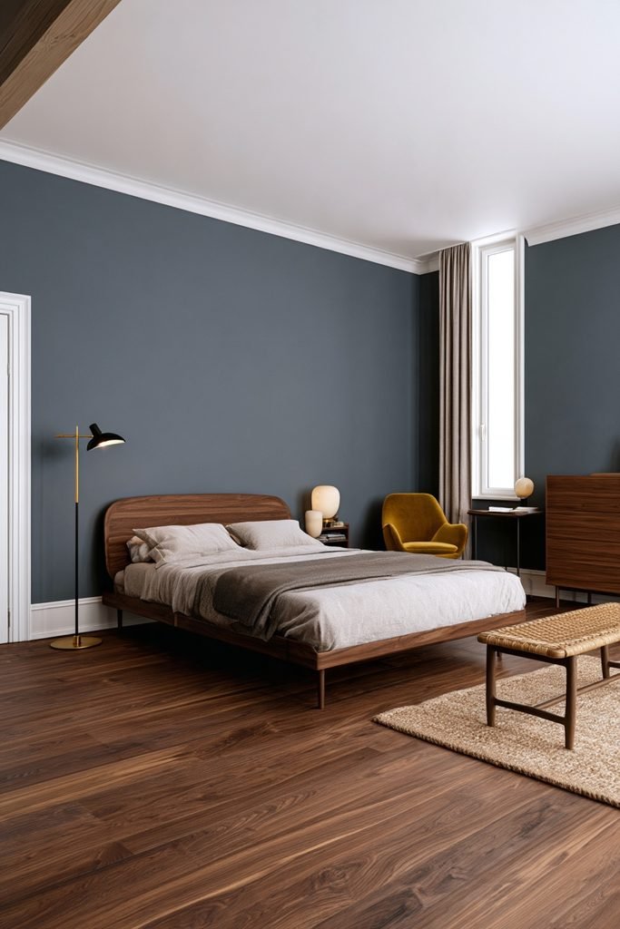 Scandinavian bedroom with a mid-century floor lamp beside a reading chair, muted terracotta walls, and oak furniture