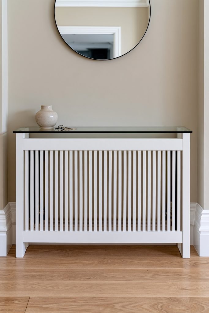 White radiator cover with tempered glass top used as a decorative console shelf