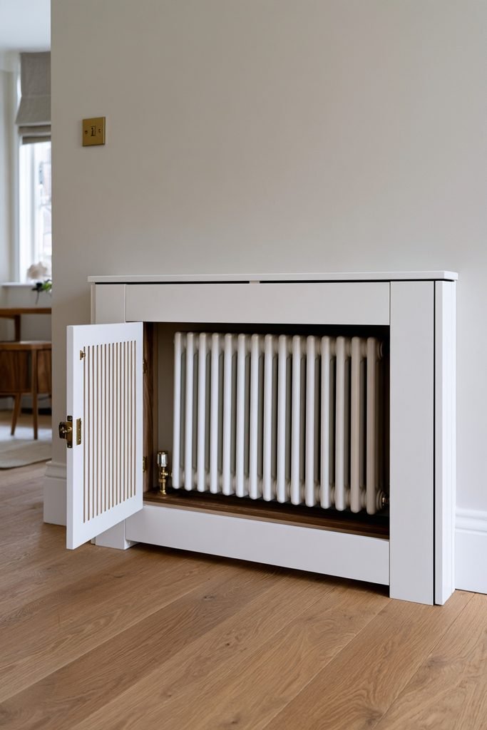 Radiator cover with hinged access panel for easy access to the radiator valve