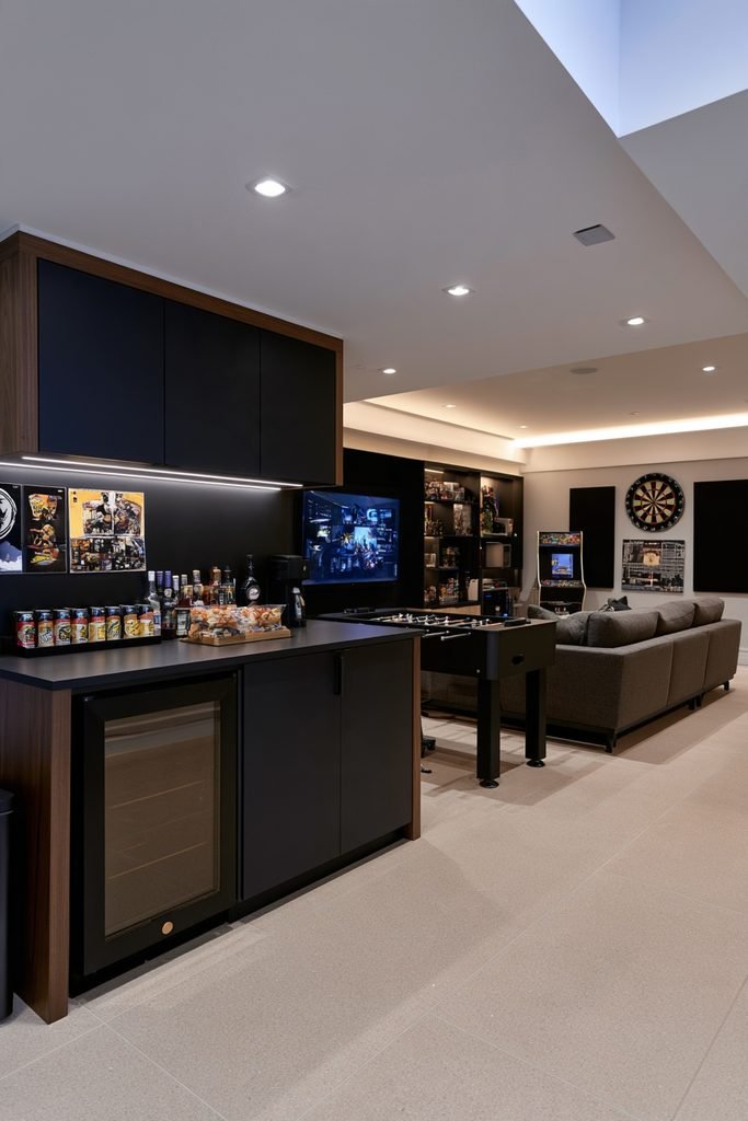 Compact basement game room with a built-in mini-fridge and snack station, gaming sofa, foosball table, dartboard, arcade cabinet, and modern decor.