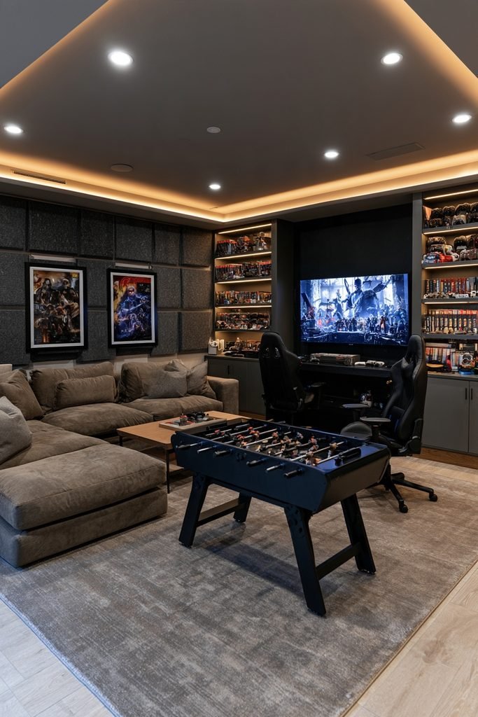 Compact modern game room with an L-shaped sectional, pool table, gaming screen, foosball table, acoustic panels, and organized gaming accessories.