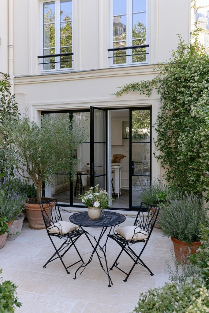 Modern Parisian-style house courtyard with a small bistro table, two chairs, and greenery