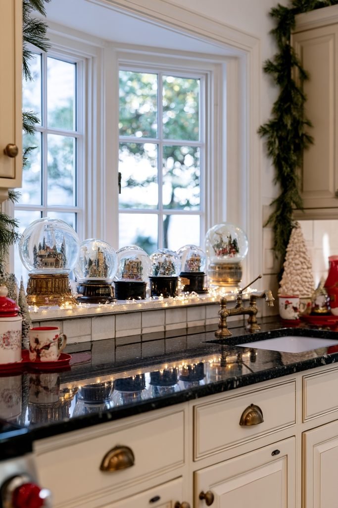 Vintage snow globes arranged on a Christmas kitchen windowsill