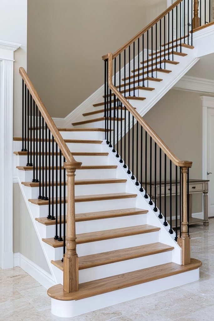 Traditional staircase with a finished white stair skirt board along the open side