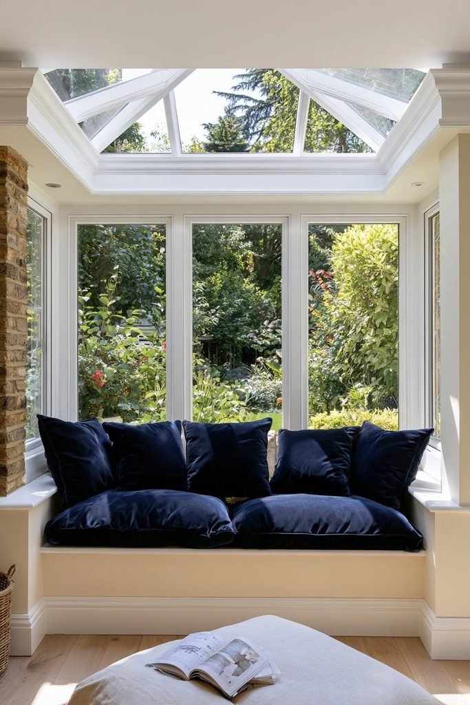 Cozy orangery window seat with deep cushions overlooking the rear garden.