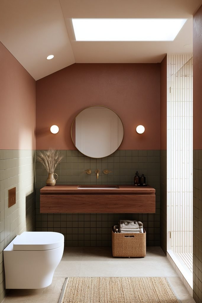 Small bathroom with a woven storage basket holding towels and bathroom essentials