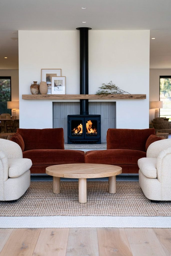 Living room with a black log burner beneath a natural oak mantle decorated with ceramics, artwork, greenery, and a warm rust-colored sofa.