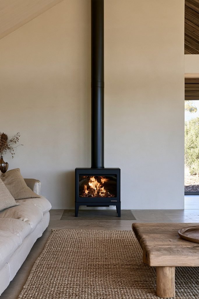 High-ceiling living room with a modern black log burner and tall exposed flue creating a dramatic architectural feature above a beige sofa and lounge chairs.