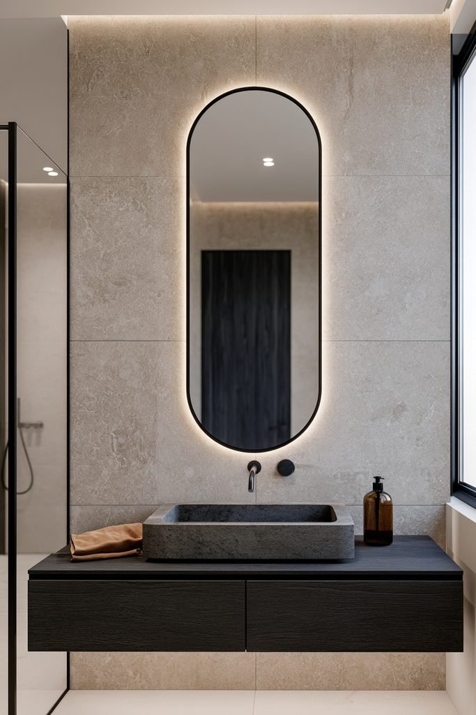 Small fall bathroom with an amber glass soap dispenser and warm neutral decor
