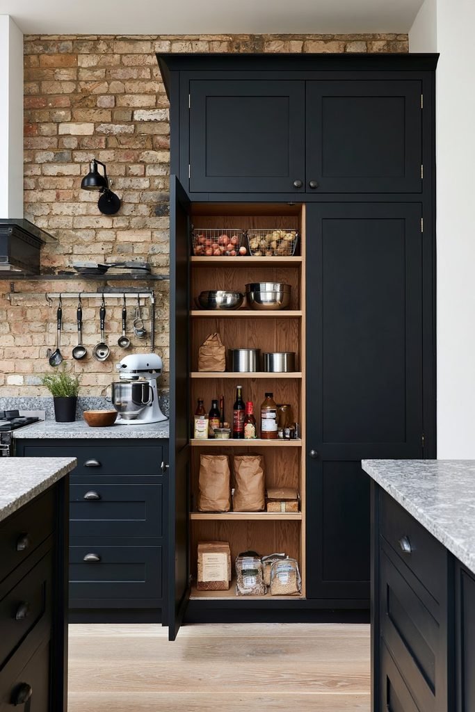 Industrial larder cupboard with steel-framed doors, timber shelves, wire baskets, jars, and practical pantry storage