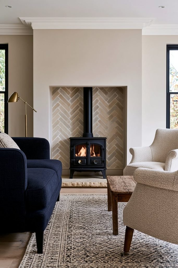 Traditional living room with a black log burner set against a herringbone tiled fireback, navy sofa, oatmeal armchairs, oak table, and natural stone hearth.