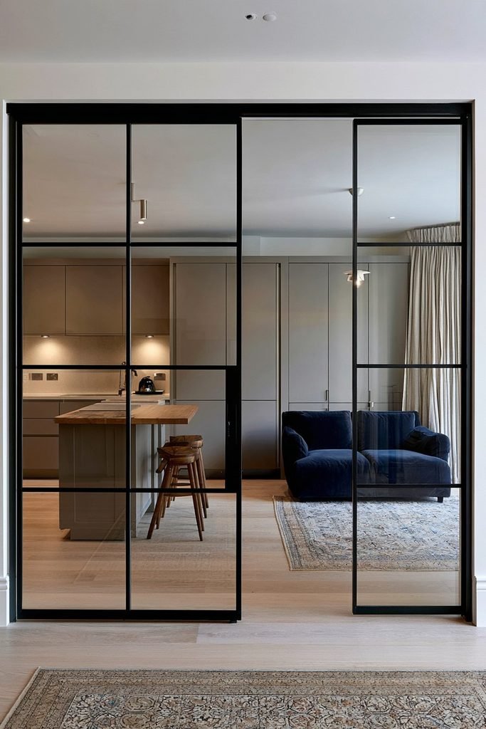 Contemporary home with an anthracite aluminium Crittall-style sliding glass door between kitchen and lounge