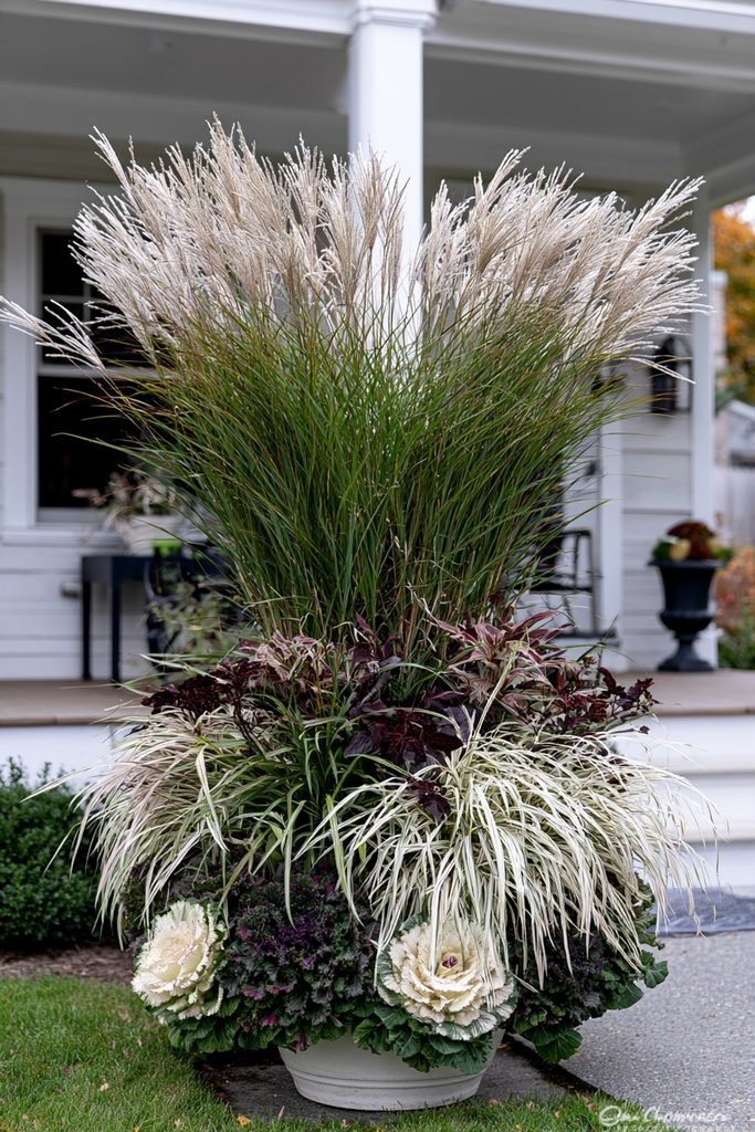 Tall fountain grass rising from a fall container with ornamental kale and cabbage