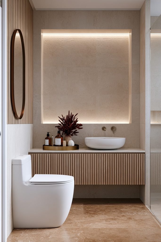 Small fall bathroom vanity with a copper tray holding soap, lotion and a small vase