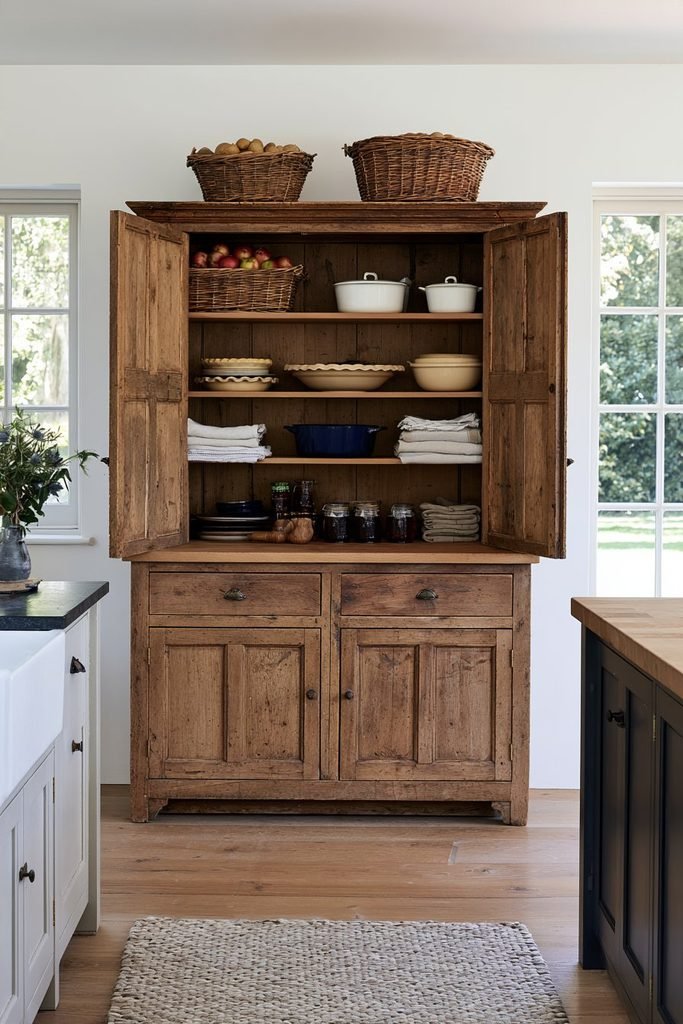 Freestanding farmhouse larder cupboard with chunky timber construction, distressed finish, and pantry storage