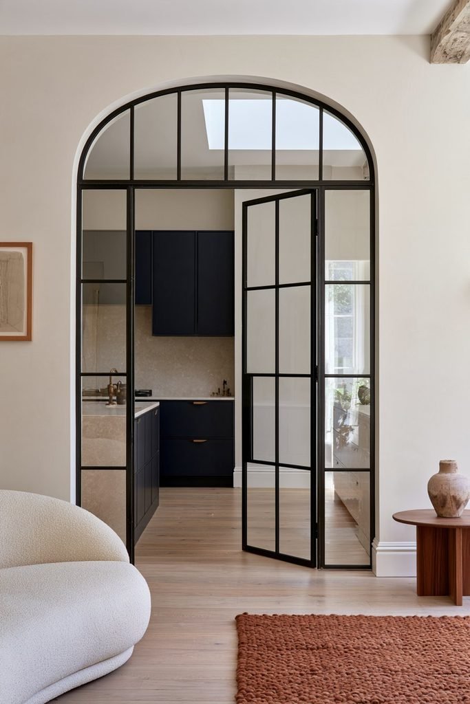 Warm townhouse interior featuring an arched Crittall steel-framed glass doorway between kitchen and living room