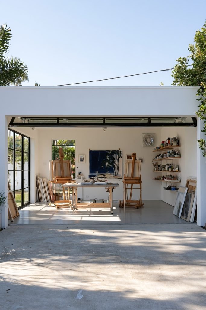 Bright garage conversion art studio with large windows, easels, an artist worktable, art supplies, and sealed concrete flooring.