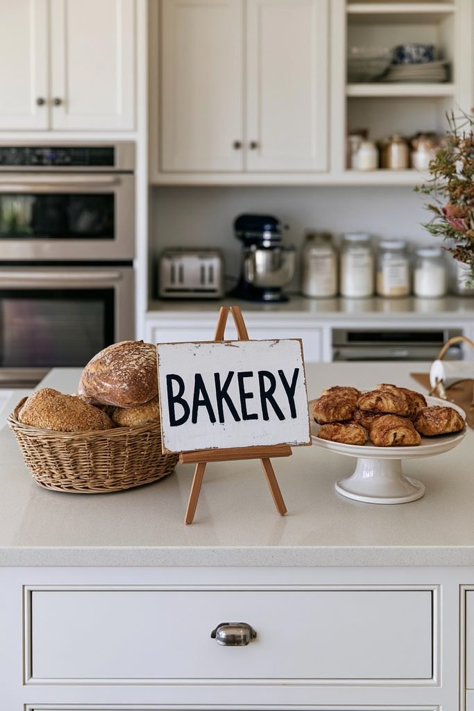 Freestanding rustic "Bakery" sign on a farmhouse kitchen counter with bread, pastries and baking supplies.