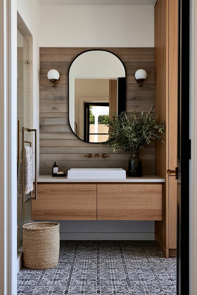 Natural wood shiplap backsplash wall behind a light oak floating vanity in a modern organic bathroom with patterned floor tile.