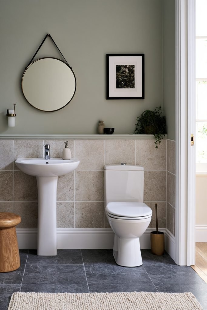 Bathroom dado rail separating tiled lower walls from a painted upper wall