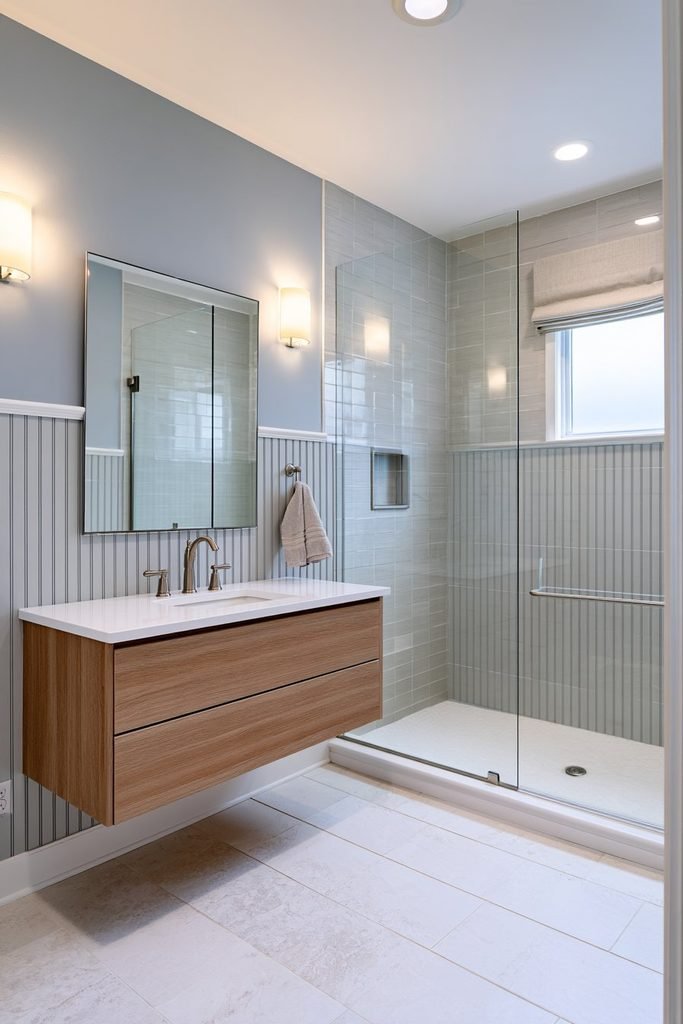 Moisture-resistant bathroom wainscoting at vanity height with practical wall panels, a modern vanity and durable tile flooring