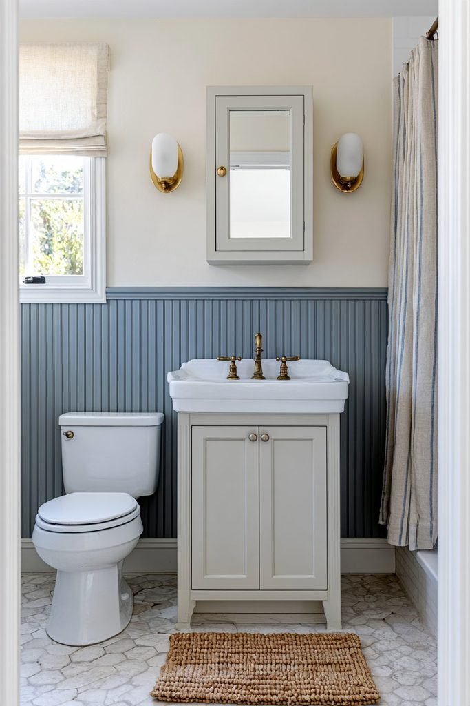 Sage blue beadboard wainscoting in a cozy cottage bathroom with a wood vanity, ceramic fixtures and linen accents