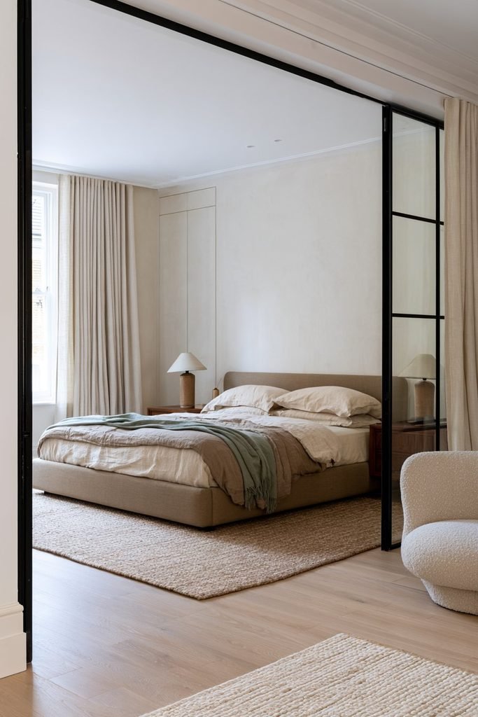 Compact bedroom separated by wide black Crittall folding doors with linen curtains for privacy