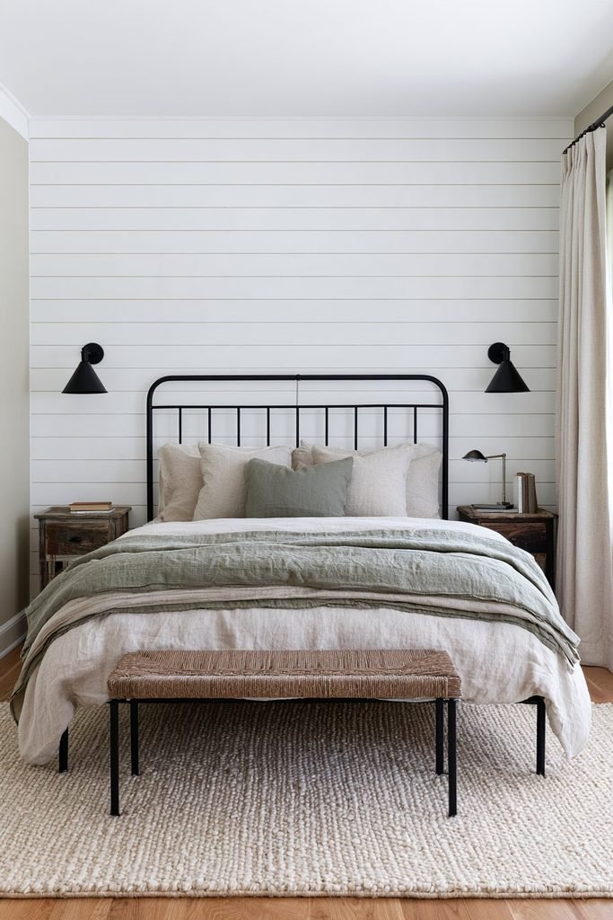 White horizontal shiplap bedroom accent wall behind a black wrought-iron bed with layered neutral bedding and industrial farmhouse lighting.
