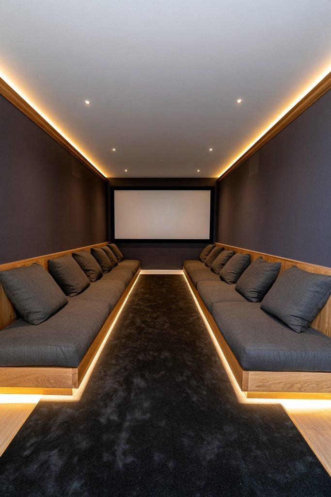 Narrow home cinema with wall-to-wall bench seating, dark walls, and warm floor lighting