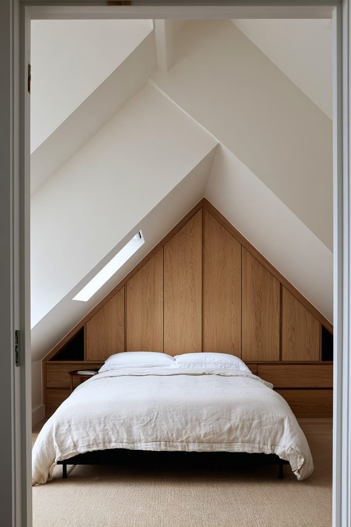Small loft bedroom with custom bespoke eaves storage, contour-fitted wardrobes, sloped roof, and compact double bed