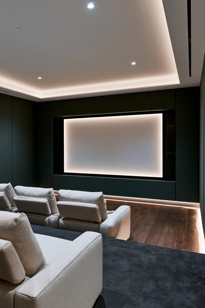 Modern home cinema with screen bias lighting, dark acoustic walls, and aligned theater seating