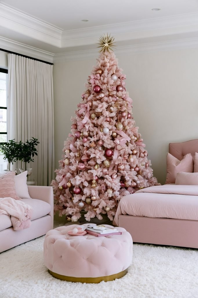 Blush pink Christmas tree decorated with pastel pink and gold ornaments in an elegant bedroom