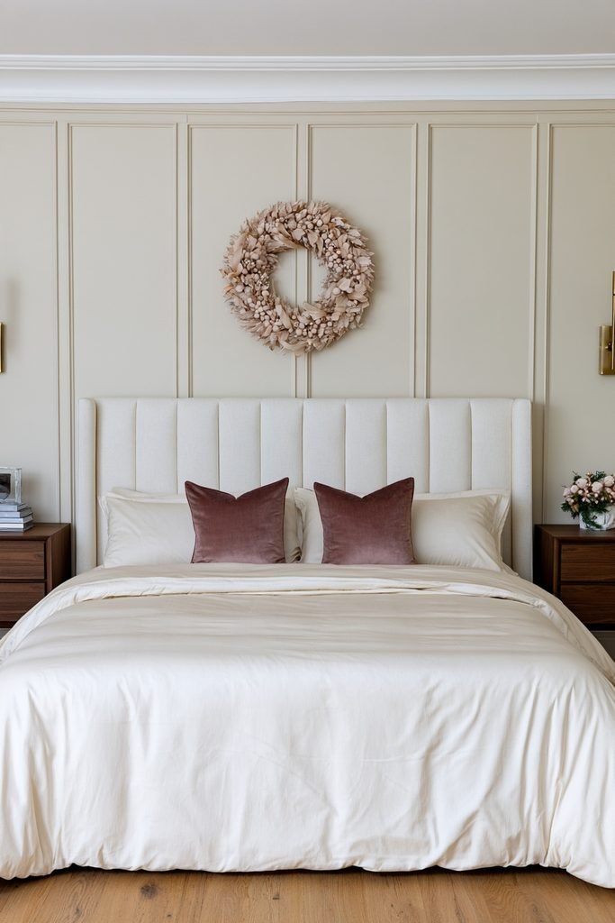 Blush pink Christmas wreath hanging above a bedroom headboard for a festive holiday accent