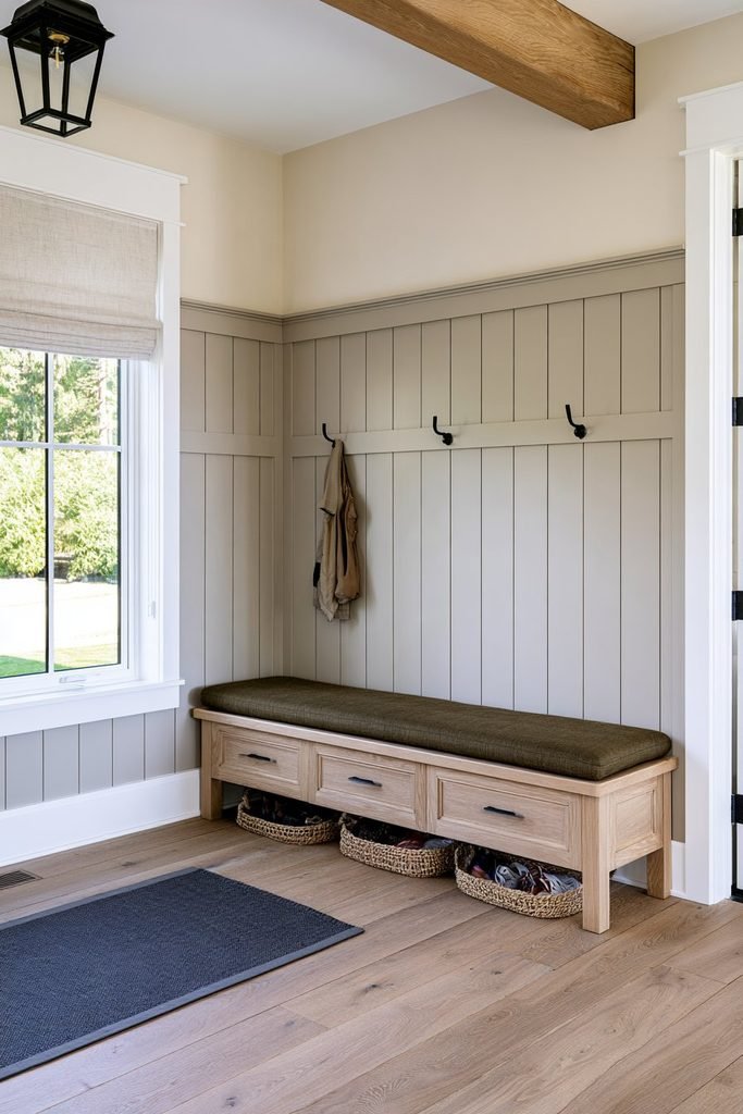 Board and batten wainscoting in a warm transitional living room with natural wood furniture and farmhouse-inspired decor