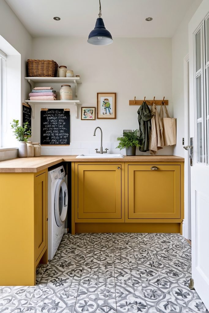Mustard yellow cabinets adding bold color to a charming cottage-style utility room