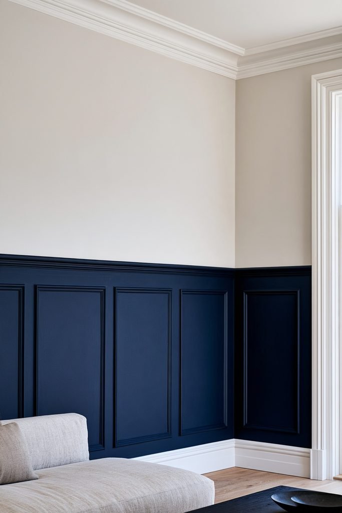 Bold two-tone wall with a dark lower section and light upper section separated by a dado rail