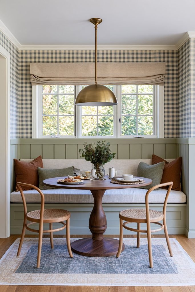 Light green wainscoting behind a built-in breakfast nook bench with buffalo check textiles and cozy natural wood accents