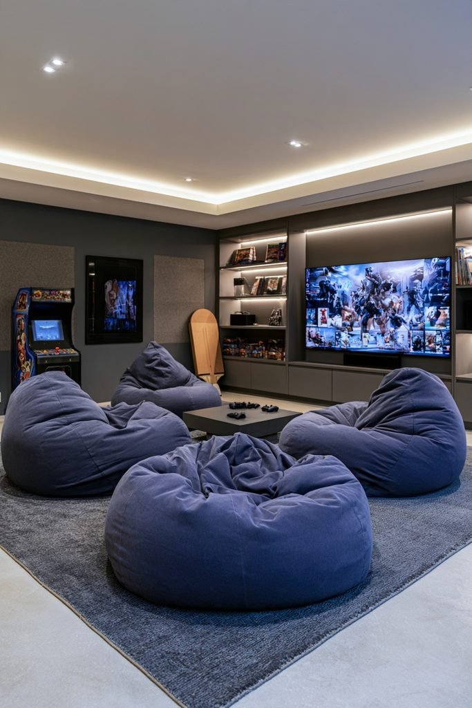 Casual modern basement game room with bean bag chairs facing a gaming screen, arcade cabinet, foldaway ping pong table, board games, and LED lighting.