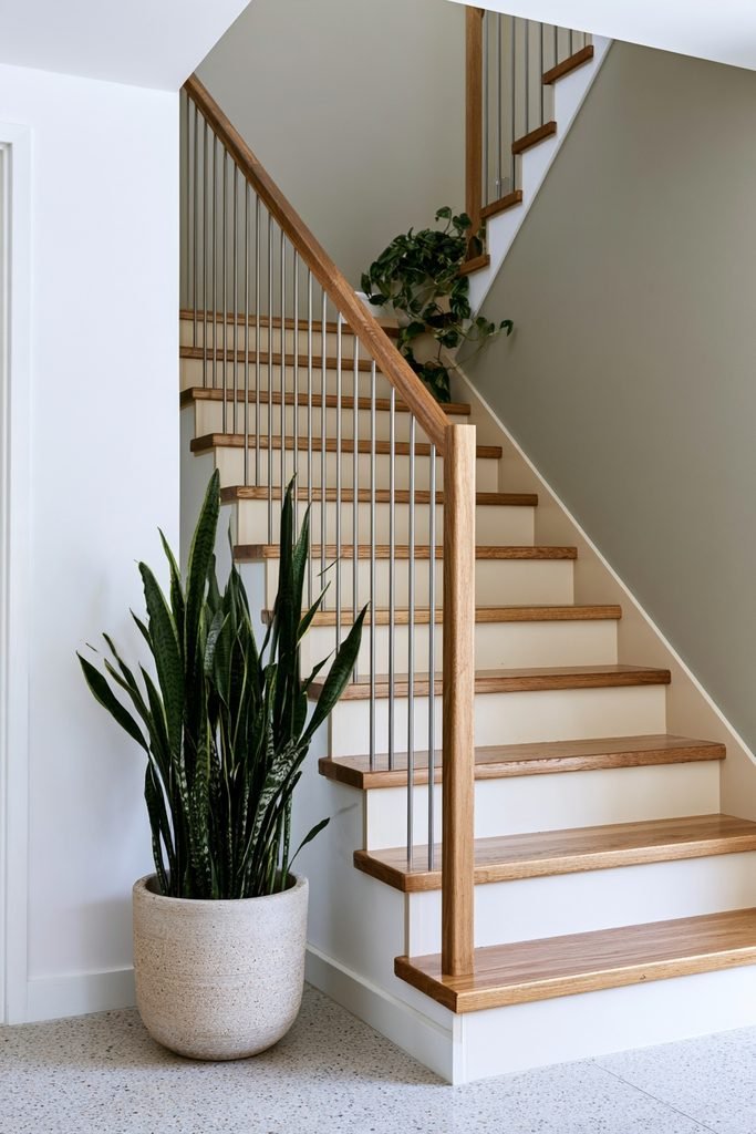Residential staircase decorated with a potted green plant at the landing