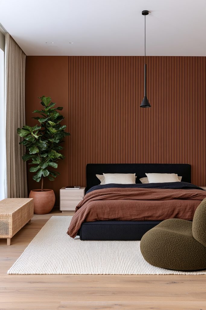 Scandinavian bedroom with one statement fiddle leaf fig, pale olive walls, oak bed, linen bedding, and natural light