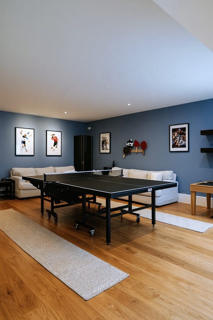 Space-saving home game room with a foldaway ping pong table, wall-mounted paddle storage, gaming sofa, arcade cabinet, and modern LED lighting.