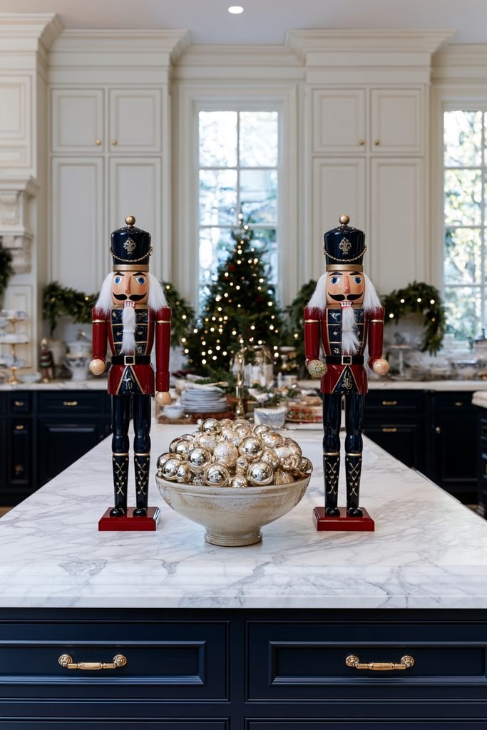 Traditional nutcrackers displayed with Christmas ornaments on a kitchen island