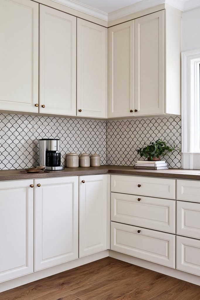 Elegant kitchen featuring a curved Arabesque tile backsplash with a decorative lantern-inspired pattern.