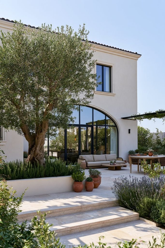 Modern Mediterranean house courtyard with terracotta pots, stone walls, greenery, and outdoor seating