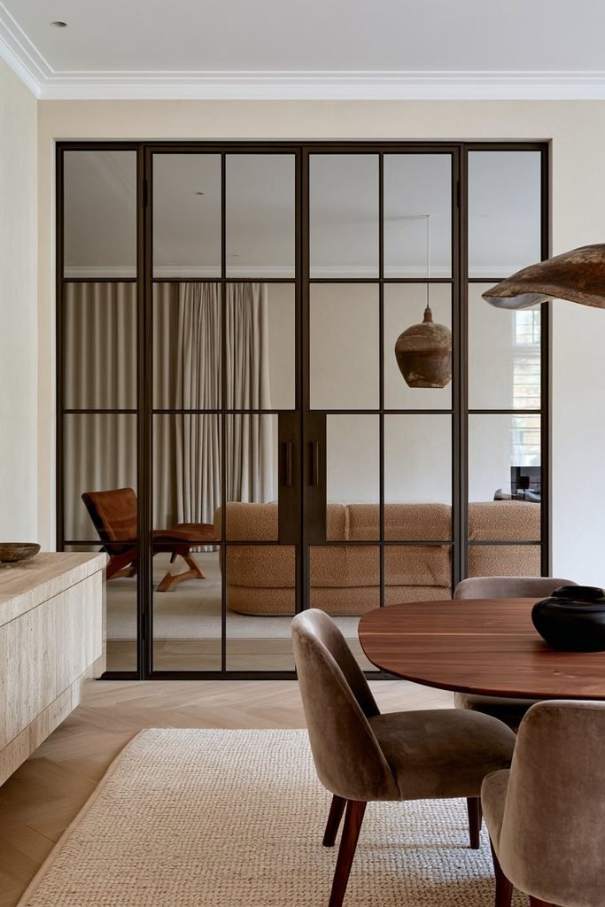 Elegant dining room with warm bronze Crittall-style glass doors, walnut furniture and travertine accents