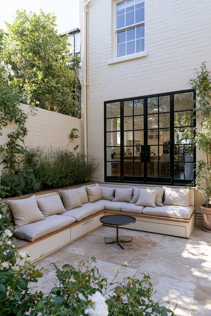 Contemporary cottage courtyard with built-in banquette seating, cushions, and garden plants