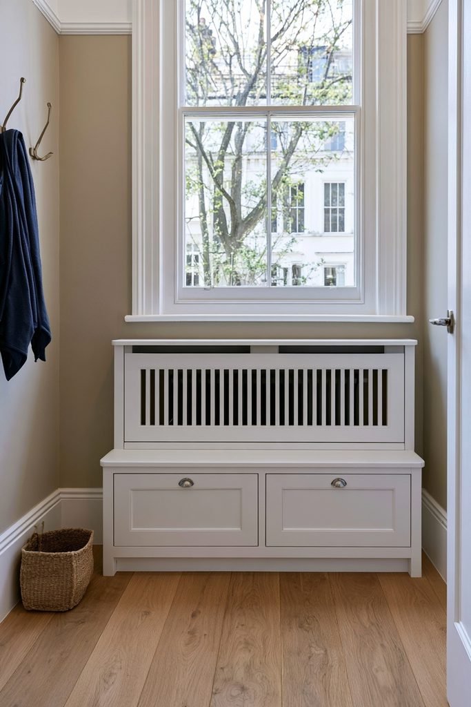 Built-in radiator cover with storage drawers beneath a hallway window